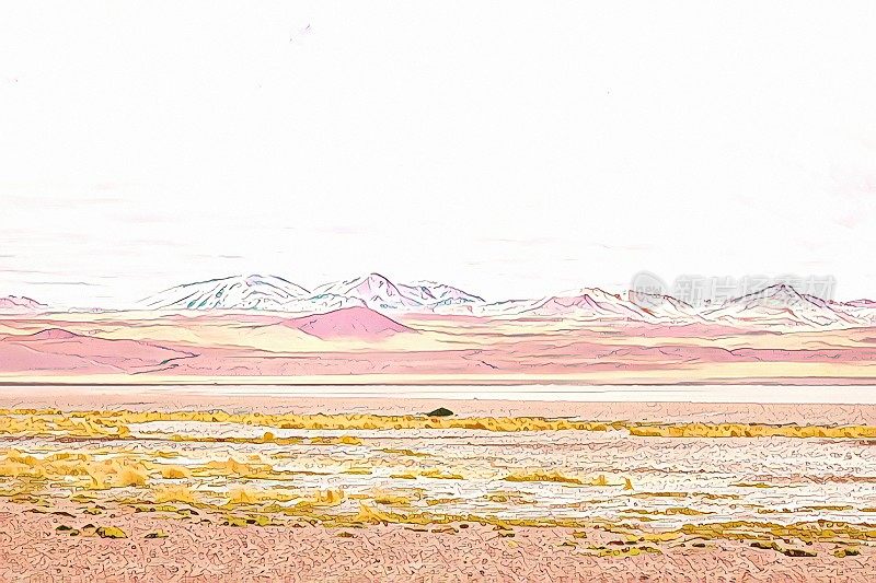 令人印象深刻的科罗拉多湖-红色的湖反射，安第斯火烈鸟和田园诗般的阿塔卡马高原沙漠，火山景观全景"u2013波托西地区，玻利维亚安第斯，Bolívia